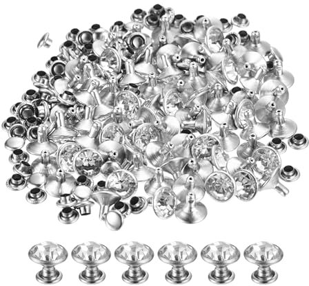 sourcing map 80 Pcs White Rhinestone Rivets, 9mm/0.35 Leathercraft Rivets Crystal Rivets, Metal Double Cap Rhinestone Stud for DIY Leather, Craft Making Purse, Silver Frame