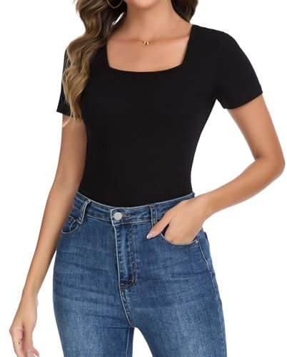 Joyshaper Ladies Tops Womens Summer T Shirts Slim Fit Square Neck Short Sleeve Blouses Ribbed Tee Black,S
