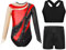 FEESHOW Mädchen Gymnastikanzug Langarm Mit Kurze Hose Und Tank Top Patchwork Glitzer Turnanzug Kinder Gymnastik Tanzkleidung Rot 146-152