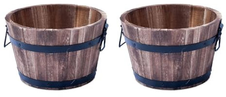 shopior Rustic Round Burnt Wood Whiskey Barrel Planter – Outdoor Wooden Garden Plant Pot with Handles – Weatherproof Flower Tub with Drainage – Decorative Patio & Balcony Planter (30cm 12inch 2Pack)