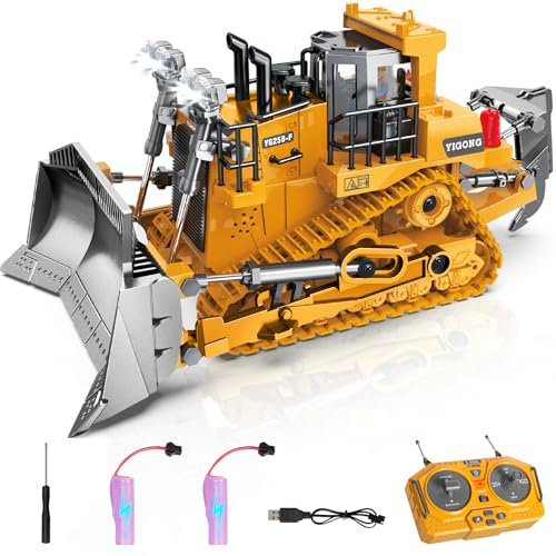 Ferngesteuerter Bulldozer, 9-Kanäle Metall RC Baufahrzeug Spielzeug mit Licht Sound und Wiederaufladbarem Akku, Ferngesteuertes Planierraupe Spielzeug Geschenk für Kinder Jungen Mädchen 4–12 (2.4 GHz)