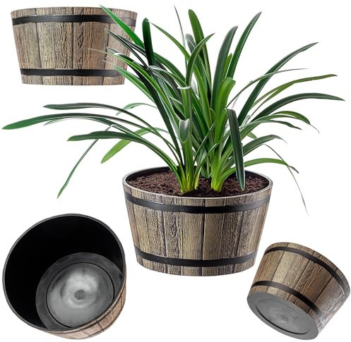 KADAX Lot de 3 – Ø30, 40, 50 cm – Pot de Fleurs décoratif au Design tonneau, Plastique Aspect Bois (Marron Moka)