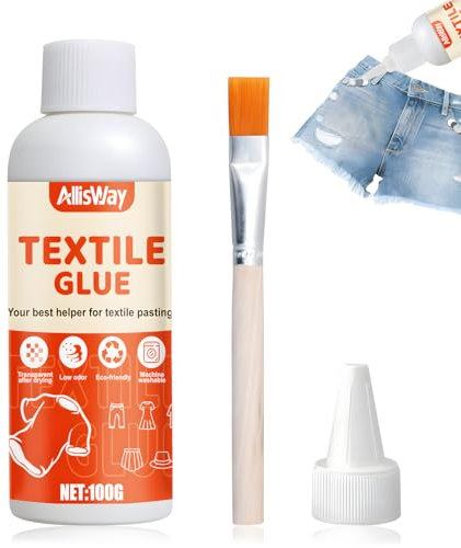 AllisWay Colle Tissu Extra Forte, Colle Textile, Glue Extra Forte, Lavable en Machine, Utilisé pour Coller des Tissus, du Feutre, des Textiles et D'autres, Avec Pinceau, 100 g