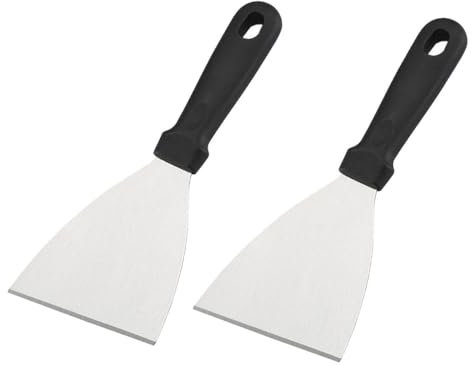 2Pcs Griddle Scraper, Stainless Steel Slant Edge Grill Scrapers Comfortable Non-Slip Handles Spatula for Food Pancake Pizza Home Baking Cooking,for BBQ, Burger, Steak, Kitchen (Black Plastic Handle)