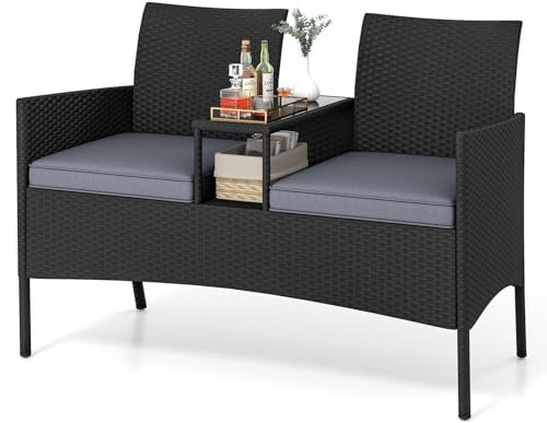 GIANTEX Rattan Gartenbank 2 Sitzer mit Tisch, Sitzbank Outdoor mit Auflage, Balkonbank für 2 Personen, Terrassenbank Parkbank wetterfest, Balkonmöbel Bank 360 kg tragbar, Gartenmöbel 124 x 62 x 84 cm