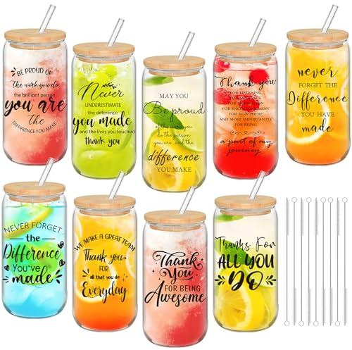9 Set Thank You Gifts Drinking Glass Cups, 16oz /480ml Can Shaped Coffee Cup with Bamboo Lids, Straws & Straw Brush, Employee Appreciation Gifts for Christmas, Easter, Teachers, Coworkers & Team
