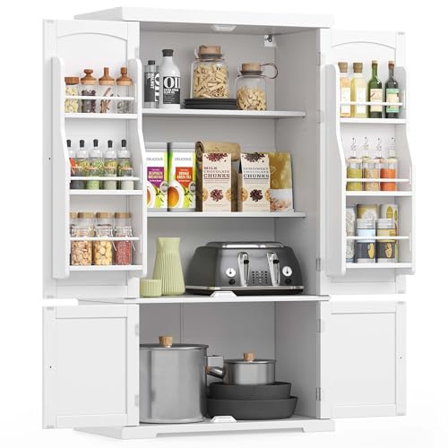 VASAGLE Buffet Haut Cuisine, Meuble de Rangement, Armoire, Vaisselier, 40 x 76 x 135,8 cm, Grand Espace, 2 Planches Réglables, 6 Étagères de Porte, pour Salon, Cuisine, Blanc BBC671HW01