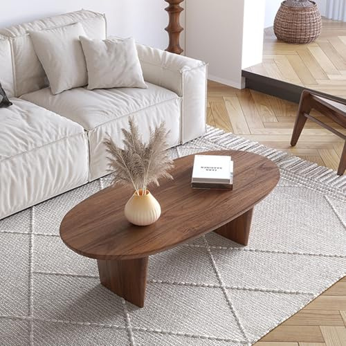 YITAYMLI Moderner ovaler Kleiner niedriger Couchtisch aus Massivholz,japanischer Cocktailtisch aus Holz im Wabi-Sabi-Stil,stabile Beine für Wohnzimmer und Bürowohnungen(Walnut,90cm/35.4in)