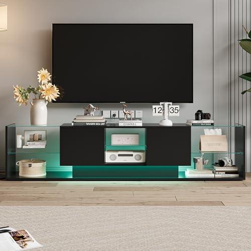 DAHUEN TV-Schrank mit LED, TV-Halterung mit Stauraum, TV-Lowboard mit offenen Regalen, aus Glas, 2 Schränke mit Türen, LED-Beleuchtung RGB mit verstellbarer Farbe (Schwarz, 200 x 35 x 45 cm)