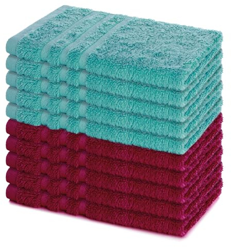 Lavea® 10er Set Gästehandtücher Set, Gästetücher 30x50 cm, Frottee Gästetuch aus 100% Baumwolle, Handtücher Set, weich und saugstark, Serie Elena, 60 °C waschbar, Handtuch, Bordeaux & Türkis