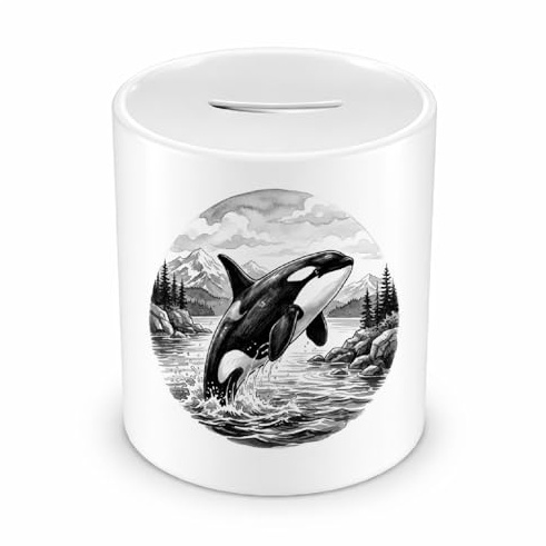Samunshi® Spardose mit dem Motiv Orca Wal in der Wildnis - Spardose für Orca Wal Fans Sparschwein mit Tier Motiv Sparbüchse Cash Money Geld weiß 330ml