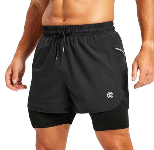 Herren 2 in 1 Sport Shorts mit Innenhose, Laufshorts mit Reißverschlusstasche, Atmungsaktive Schnell Trocknende Fitness Shorts für Gym Training Running Schwarz 2XL