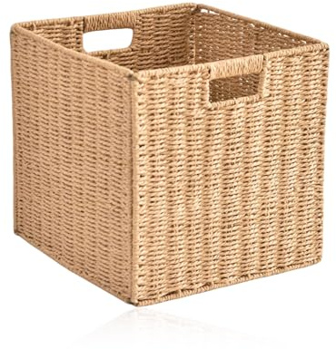 Wicker Storage Basket, 25×25×25cm Faux Wicker Storage Box Foldable Large Wickers Basket Cube Storages Box With Insertion Handle for Gifts Toy Organization Decoration
