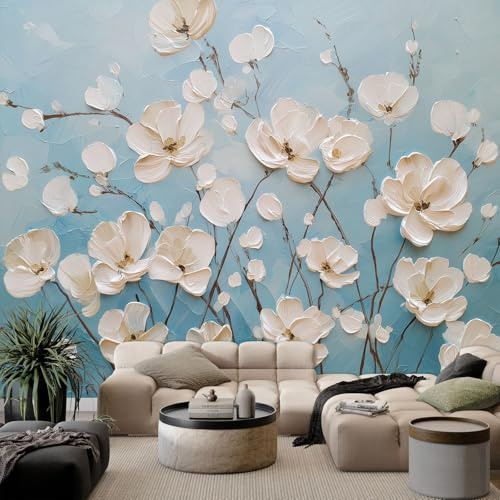 Papier Peint Panoramique 3D Peinture Huile Luxueuse Fleurs Blanches, Papier Peint Bleu Clair, Fresque Murale Intissée – Décoration Murale Pour Salon Chambre Bureau Restaurant Décor Fond TV – 300 x 210