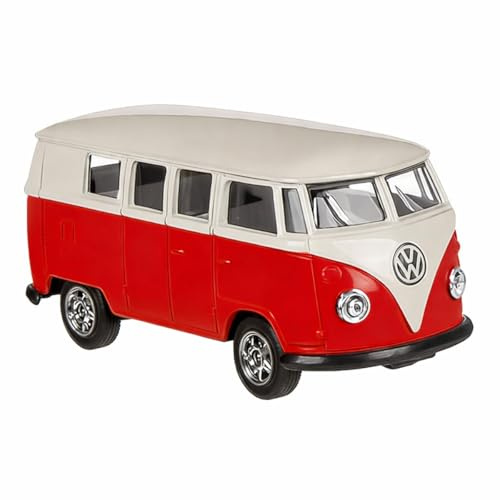 Murago Volkswagen T1 Bus Modellauto Metall 1:60 VW Welly - Rot - Transporter Miniatur Maßstab Kunststoff Sammler Retro Auto Geschenk - inkl Sticker