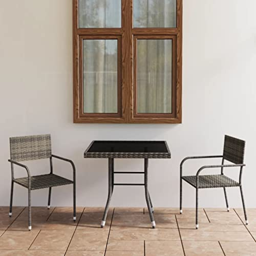 SooIarix 3-TLG. Garten-Essgruppe Poly Rattan Anthrazit und Grau mit Glas Tischplatte, pulverbeschichtetem Stahlgestell, platzsparenden stapelbaren Stühlen