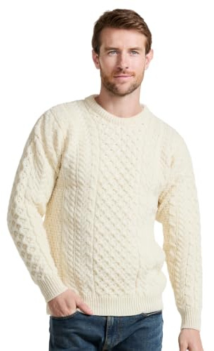 Carraig Donn 100% Natural Wool Crew Neck Aran Sweater Natural