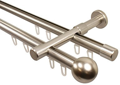 iso-design Gardinenstange Innenlauf 2-läufig 20 mm Durchmesser Farbe Edelstahl Wandmontage Gardinenstangenkomplettset aus Metall, Innenlaufstange, Endstück Kugel, 120 cm
