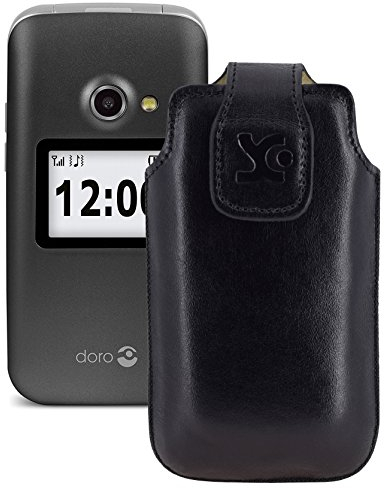 Suncase Original Tasche für Primo 413 by Doro/Tiptel Ergophone 6020-6021 Klapphandy/Leder Etui Handytasche Ledertasche Schutzhülle Case Hülle/schwarz
