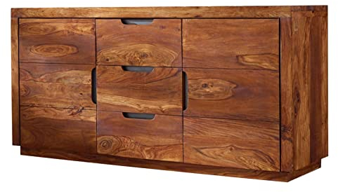 MASSIVMOEBEL24.DE Sideboard Duke aus Massivholz Sheesham walnuss lackiert, Kommode aus Massivholz mit 3 Schubladen und 2 Schranktüren