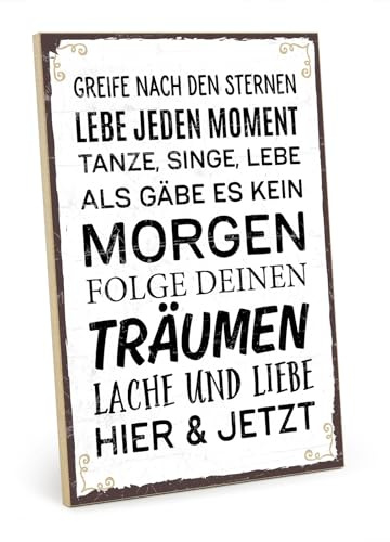 TypeStoff Holzschild mit Spruch – GREIFE NACH DEN STERNEN – im Vintage-Look mit Zitat als Geschenk und Dekoration - HS-00644