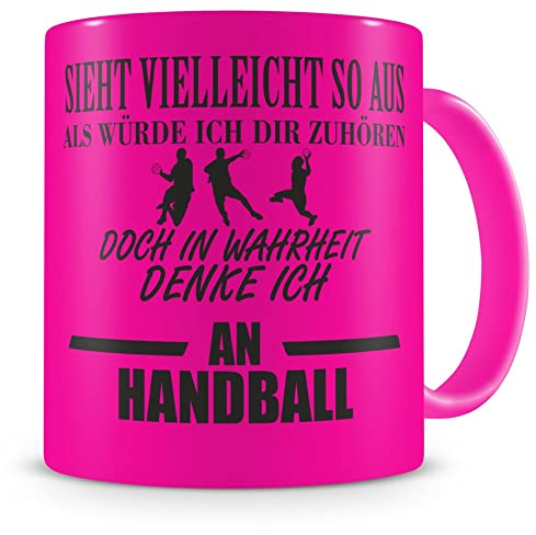 Samunshi® Ich denke an Handball Tasse Kaffeetasse Teetasse Kaffeepott Kaffeebecher Becher H:95mm/D:82mm neon pink