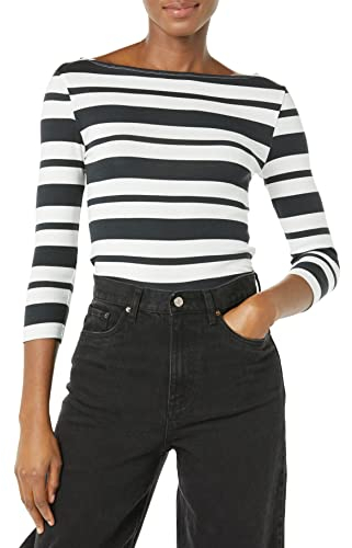 Amazon Essentials Women's Slim-Fit 3/4 Sleeve Solid Boat Neck T-Shirt, Black White Placed Stripe, L
