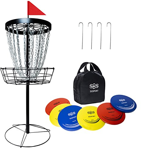 SGSPORT Disc Golf Basket with Discs | Portable Disc Golf Target with Heavy Duty 24-Chains Disc Golf Course Basket, Come with 6pcs Discs with a Handbag - Multi Color Available