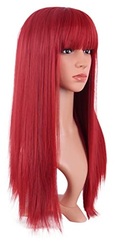 MapofBeauty 24 Inch Women Long Straight Flat Bangs Party Cosplay Wig (Red)