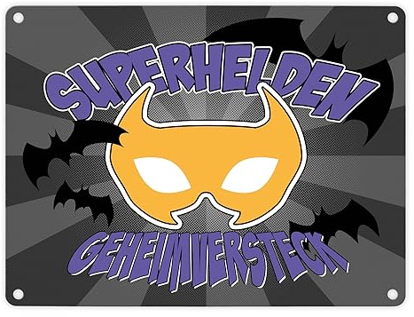 Superhelden Geheimversteck Metallschild in 15x20 cm im Comicdesign mit Fledermäusen & Maske für kleine Jungen die gerne ein Superheld wären als Dekoration für ihr Superhelden