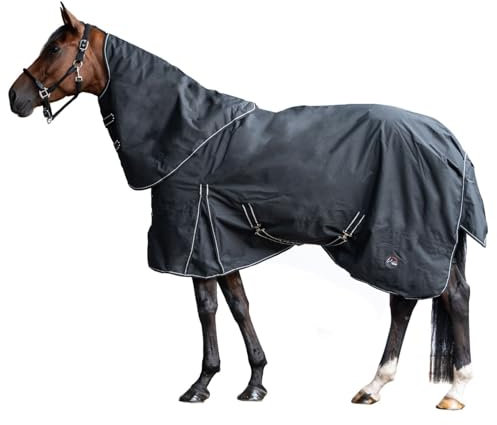 HKM - Outdoor Pferdedecke mit Fleece und abnehmbarem Halsteil in schwarz; wasserdichte, Passgenaue & hochwertig verarbeitete Pferde Regendecke, 300 gr Füllung, 155 cm