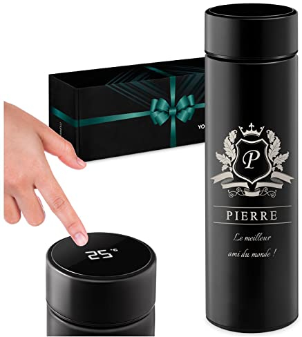 Maverton Mug de voyage isotherme avec gravure - Bouteille isotherme 450 ml - Infuseur à thé - Affichage de la température LED - Cadeau d'anniversaire personnalisé pour homme - Ami