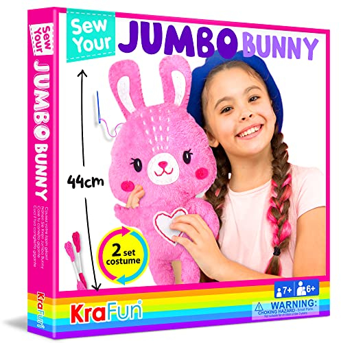 KRAFUN Big Jumbo Bunny Tier-Nähset für Kinder Anfänger My First Art & Craft, Machen Sie 1 Stoffpuppe mit 2 Kostümen, Anleitung und Plüschfilzmaterialien zum Nähen lernen, Sticken, Alter 7-12
