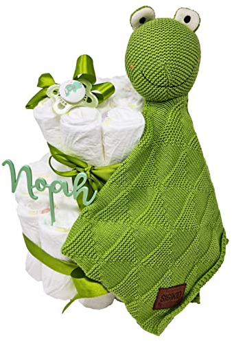 Elfenstall Windeltorte Pamperstorte mit Sigikid Strick-Schnuffeltuch personalisiert als Geschenk zur Geburt oder Taufe mit Namen des Babys Frosch (grün)