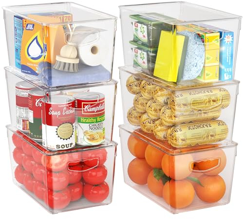 6 Pack Clear Storage Bins with Lids Stackable, Large Plastic Storage Bins with Handle for Pantry Organization and Storage, Perfect Containers for Fridge Organizer, Freezer, Kitchen, Cabinets, Bathroom