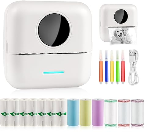 GuKKK Mini Impresora para Movil, Impresora Fotográfica, Portátil Impresora Termica, BT Inalámbrico Impresora Térmica con 13 Rollos de Pape, para Movil Impresora Fotos, para Lista Fotos Nota (A)