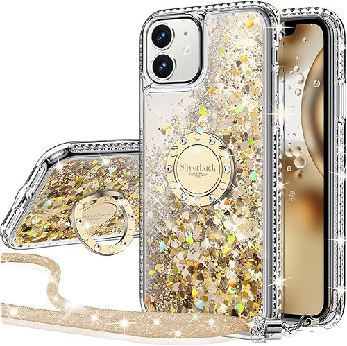 Miss Arts for iPhone 11 Case, [Silverback] Liquid Holographic Sparkly Glitter Case with Kickstand, Bling Diamond Ring Stand Slim Protective Case for Girls Women for iPhone 11 6.1 inch -Clear Gold