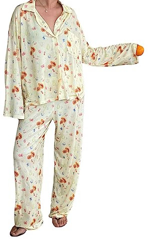 Damen 2 Stück Pyjama Set Cute Fruit Floral Printed Shirt Pant Sets Holiday Loungewear Nightwear (A Fruit, S)