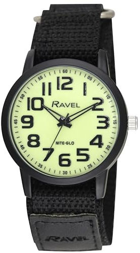 Ravel - Moderne Workwear-Herrenuhr mit einfach zu befestigendem Armband - Schwarz/Im Dunkeln leuchten Zifferblatt/Schwarzes Armband