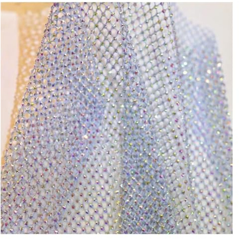 Yurosiay Strass Netzstoff 100×120cm Weicher Stretch Glänzender Mesh Stoff Kristall Zum Nähen Glitzer Dekostoff AB Farbe Meterware Für Bekleidung Blau