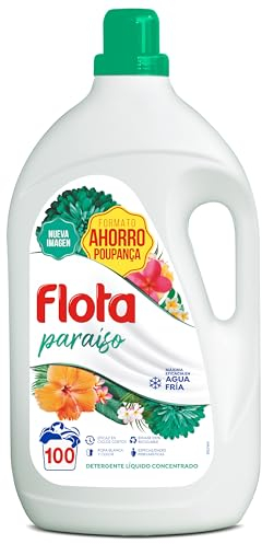 FLOTA | Detergente Líquido Quitamanchas incluso en Agua Fría para Lavadora | Ropa Blanca y de Color | Fragancia Paraíso | 100 Lavados | Formato Familiar