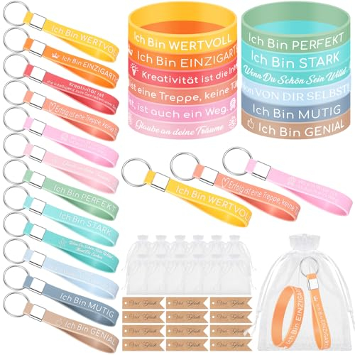 Xinnun 24 Stück Motivationsarmband auf Deutsch 20 cm Inspirierenden Silikon Armbänder Sprüchen Schlüsselanhänger mit Etikett und Netzbeutel Inspirierende Geschenk zum Weihnachten, Geburtstag