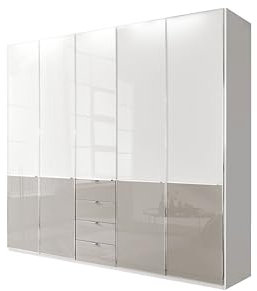 WIEMANN Drehtürenschrank mit 4 Schubkästen hochwertiger Kleiderschrank Schlafzimmerschrank 250cm breit, mit Schubladen, Glas Kieselgrau, Korpus Weiß, Höhe 216cm, Shanghai
