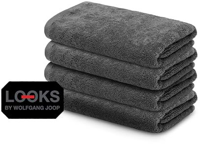 LOOKS BY WOLFGANG JOOP 4X Gästehandtuch 30x50 cm – 100% Baumwolle Luxus Gästehandtücher mit Aufhänger & Logostick, 4er Set Gästetuch grau
