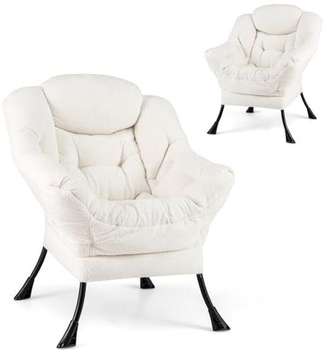 HOMASIS Relaxsessel gepolstert, Ohrensessel mit Armlehnen & Kopfkissen, Lesesessel mit Seitentasche, Fernsehsessel aus Stoff & Metall für Wohnzimmer Schlafzimmer (Modell 1 ohne Hocker, Beige)