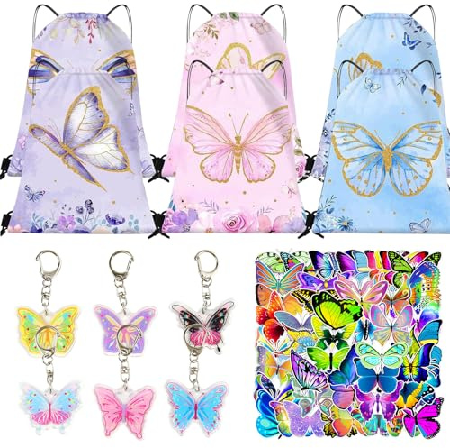 JWTRSVTY 62PCS Schmetterling Party Mitgebsel Mädchen, Schmetterling Kinder Party Geschenk,Thema Partygeschenk,mit 6 Party Kordelzug Taschen 6 Schlüsselanhänger 50 Aufkleber
