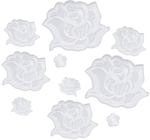 Qianyu 10 Pcs White Rose Iron on Patches Rose Flower Fabric Repair Patches Cool Embroidered Sew on Flower Appliques for Women Clothes Jacket Sweater Jeans Hats Shoes Bags (White)