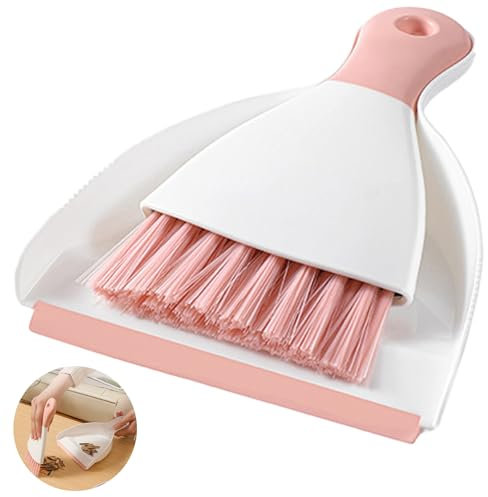 Dustpan & Brush Set | Large Capacity Dustpan | Durable Bristles & Easy-Sweep Rubber Blade | Compact Storage | Lightweight Design (Pink)
