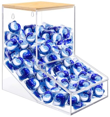 TCJJ Laundry Pods Container, Acrylic Dishwasher Pods Holder w/ 2 Lids, Dispenser For Powder, Dryer Balls, Beads, Soap Organizer For Room Desktop / Wall Mount, Snack Candy Organization Storage