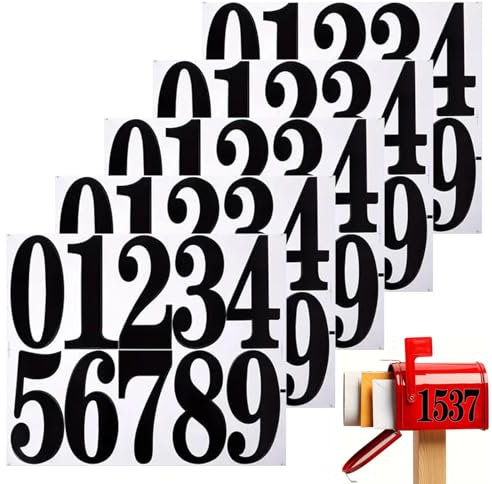 5 Sheets of Mailbox Number Stickers (0-9) - 3 Inch Waterproof Vinyl Large Black House Numbers - for Wheelie Bin Stickers, Mailboxes, Signs and Outdoor Use (Black)